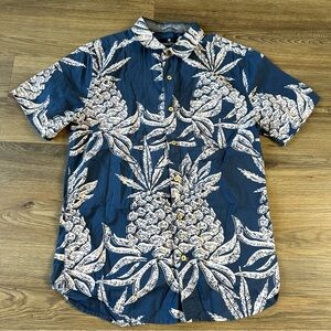 Roark Button Up Short Sleeve Shirt Pineapple Print Cotton Blue Pocket Mens Small